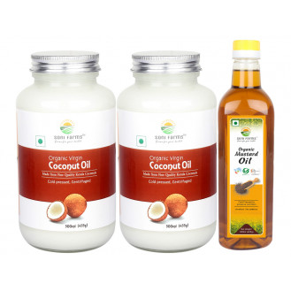 Organic Virgin Cold Pressed Coconut Oil (Nariyal ka Tel) | 1 Ltr (500ml X 2)  + FREE Organic Mustard Oil Khachi Ghani ka Tel 500Ml 